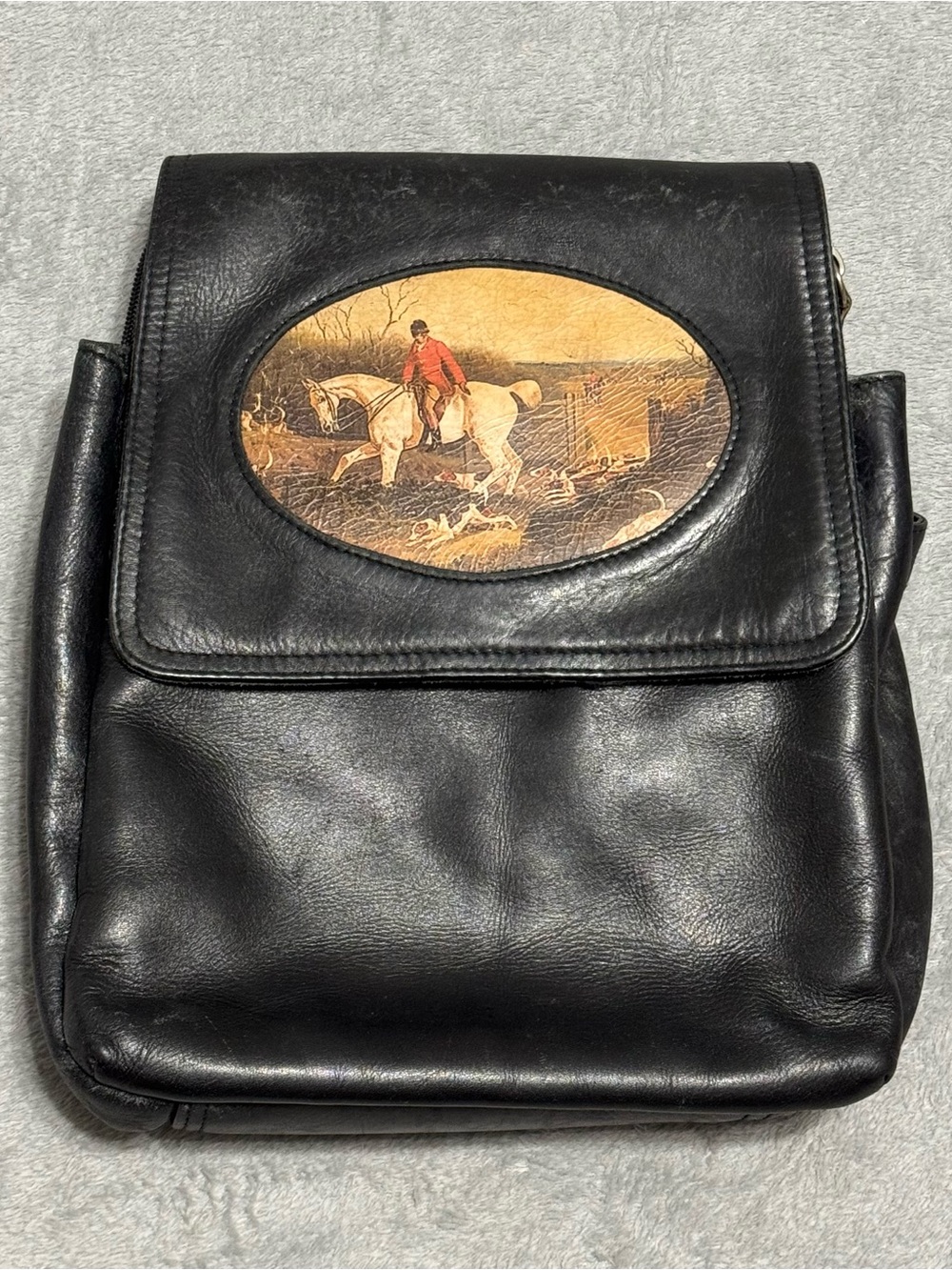 VTG Leather Fox Hunt Backpack Shoulder Bag Black Equestrian Horse Scene Outdoor
